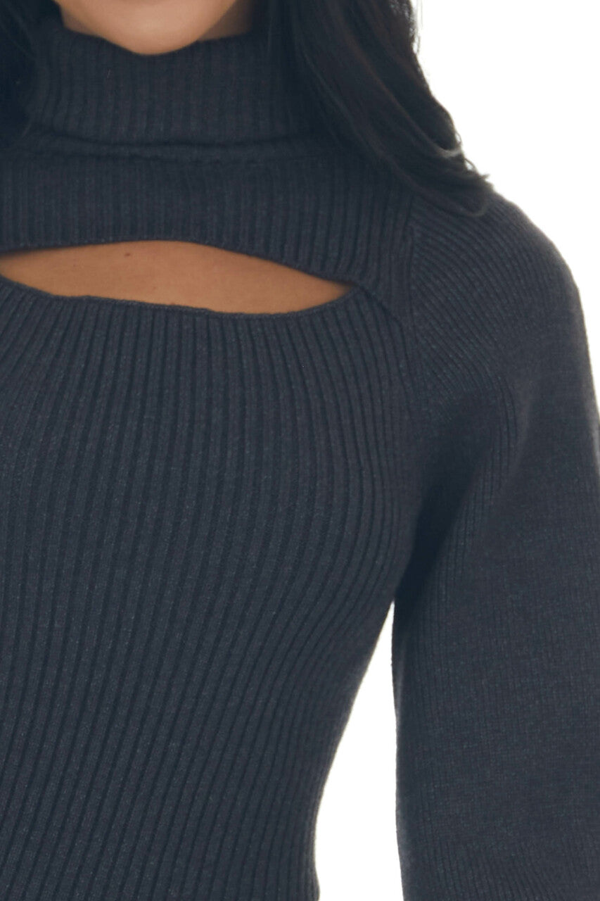 Charcoal Ribbed Cut Out Turtleneck Sweater