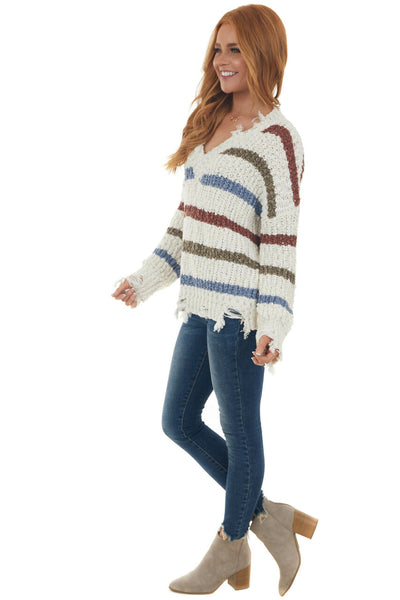 Cream Multicolor Striped Frayed Trim Sweater