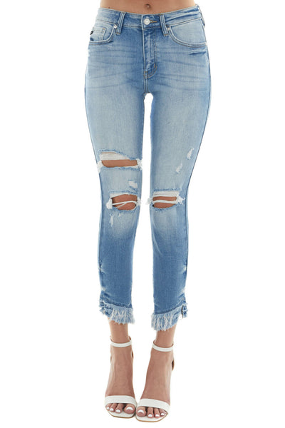 Medium Wash High Rise Tiered Frayed Hem Jeans 