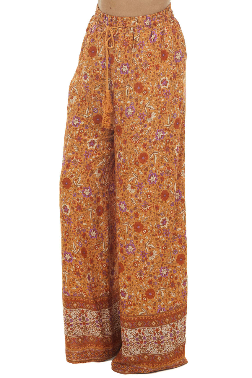 Tawny Floral Wide Leg Pants with Tassel Tie 