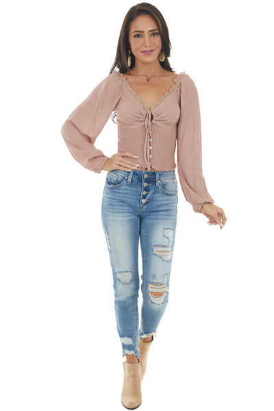 Vintage Rose Long Sleeve Smocked Crop Top with Lace Detail