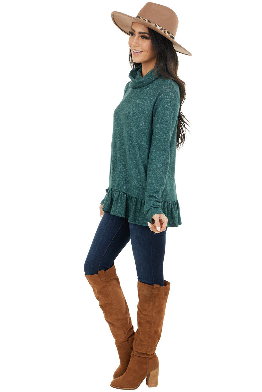 Pine Green Two Tone Cowl Neck Top with Ruffle Hem