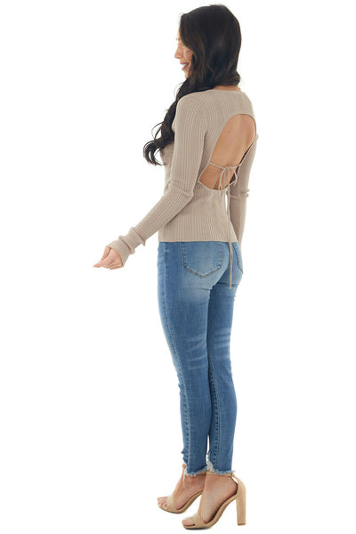 Latte Ribbed Knit Top with Cut Out Back