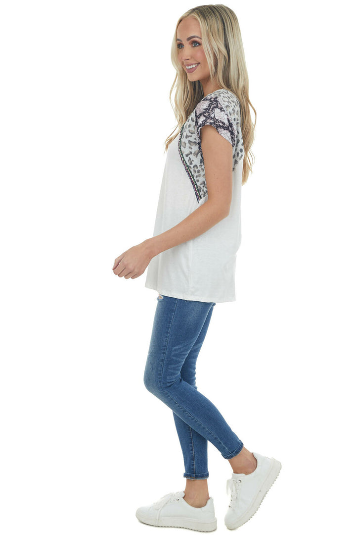 Ivory Knit Top with Multiprint Sleeves and Embroidery