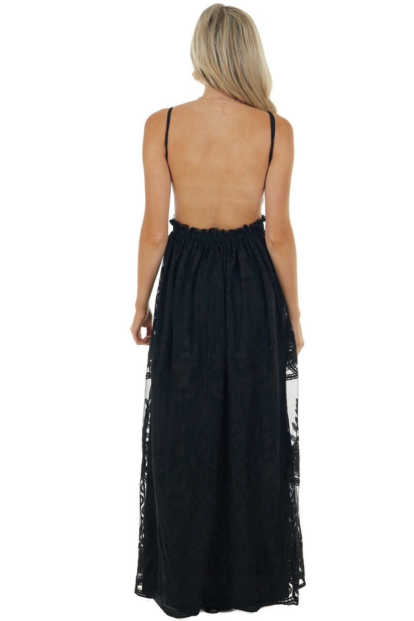 Black Lace Sleeveless Open Back Maxi Dress