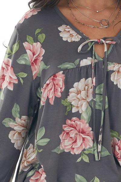 Graphite Floral Print Long Sleeve Babydoll Top