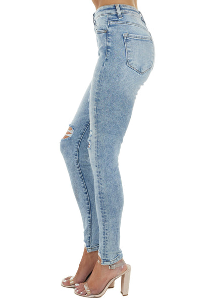Light Wash High Rise Distressed Skinny Jeans with Cuffs