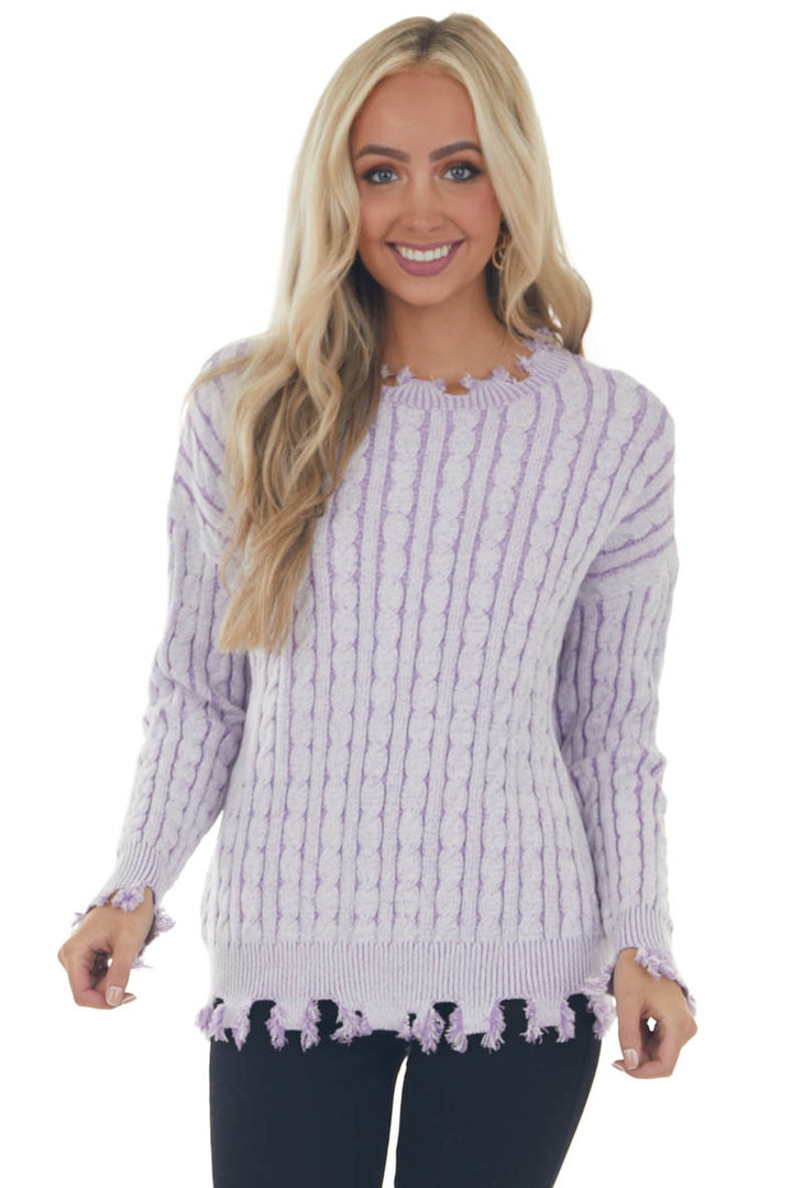 Lilac Cable Knit Distressed Trim Sweater