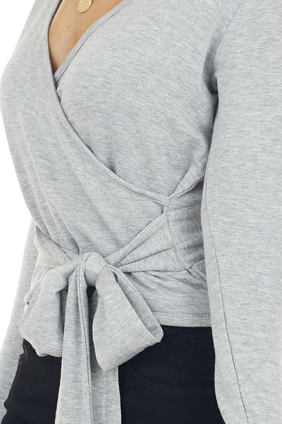 Heathered Grey V Neck Long Sleeve Surplice Top with Wrap