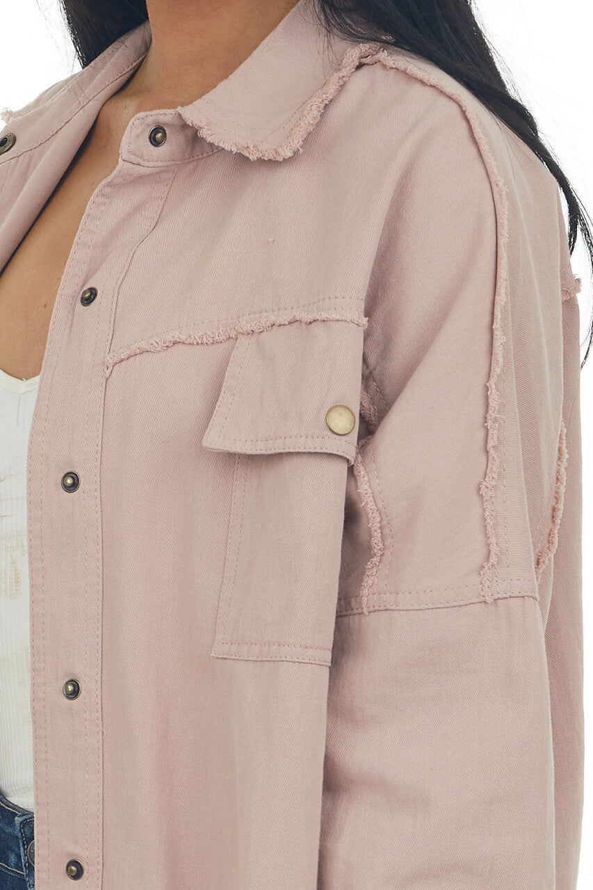 Light Rose Taupe Fraying Button Down Shacket