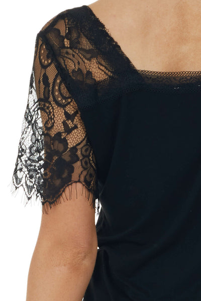 Black V Neck Short Sleeve Top with Lace Detail 