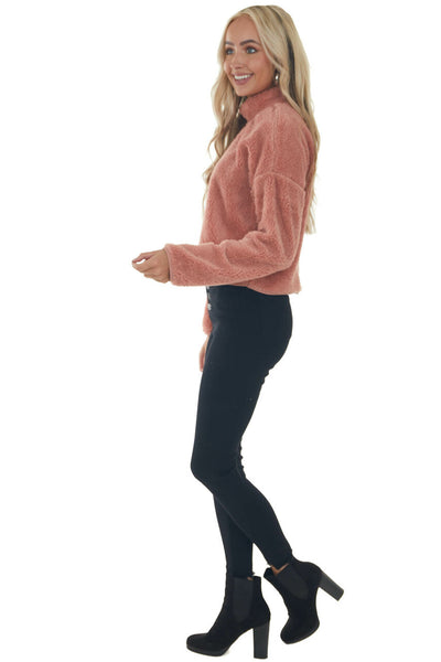 Hazy Pink Soft Faux Fur Mock Neck Crop Top