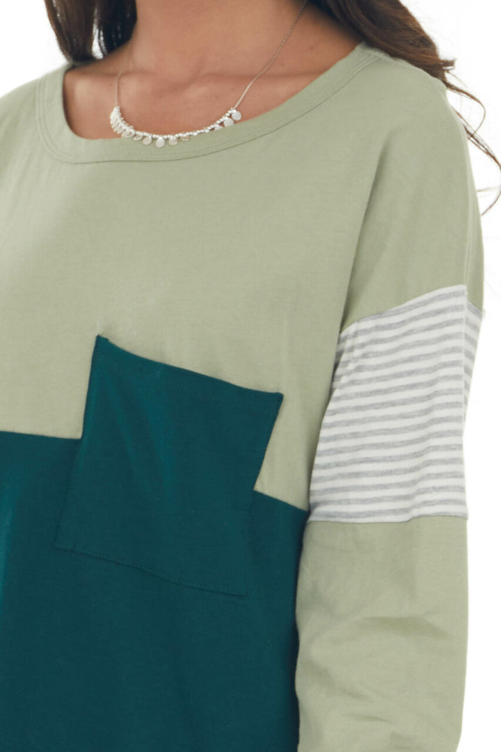 Green Colorblock Knit Top with Chest Pocket