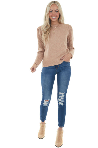 Peach Pink Boat Neck Pointelle Sleeve Sweater 