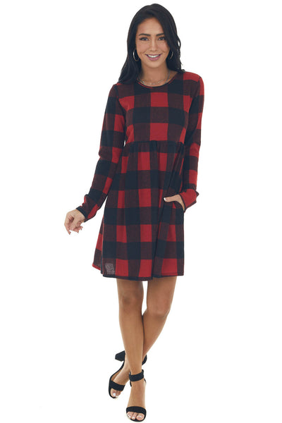 Cranberry Buffalo Plaid BabyDoll Short Dress