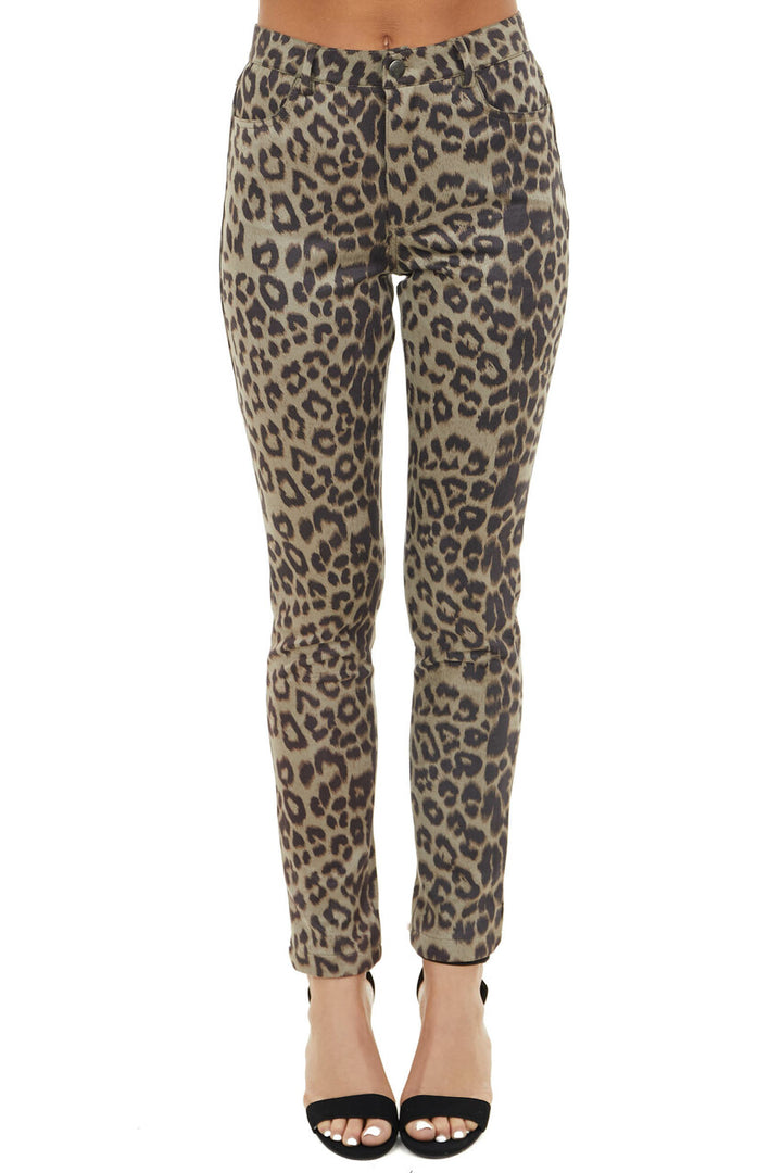 Olive Leopard Print High Waisted Skinny Pants with Pockets