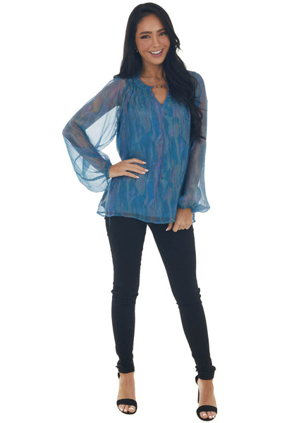 Ocean Pearlescent Sheer Long Sleeve Blouse 