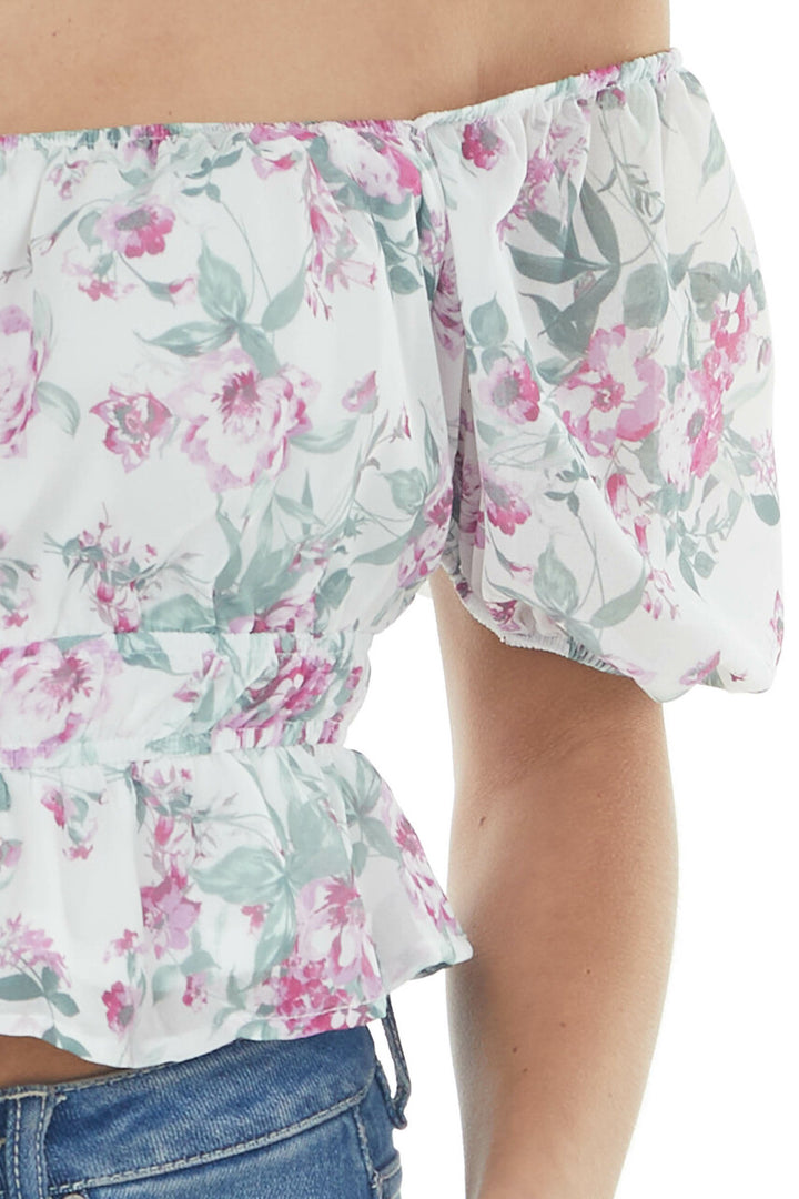 Off White Floral Print Short Puff Sleeve Top