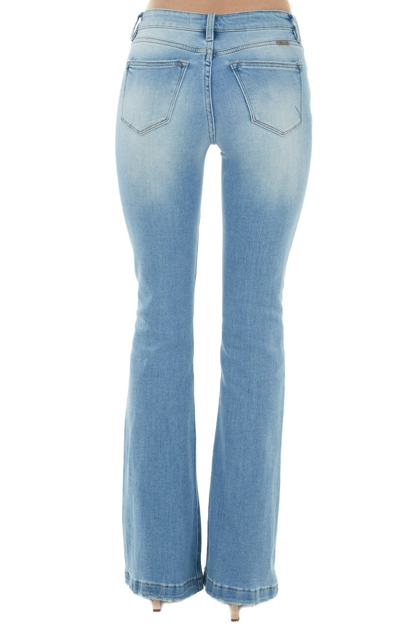 Medium Light Wash High Rise Flare Jeans with Destroyed Knees