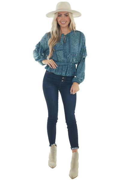 Sea Blue Printed Long Sleeve Peplum Fit Blouse