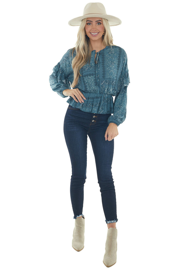 Sea Blue Printed Long Sleeve Peplum Fit Blouse