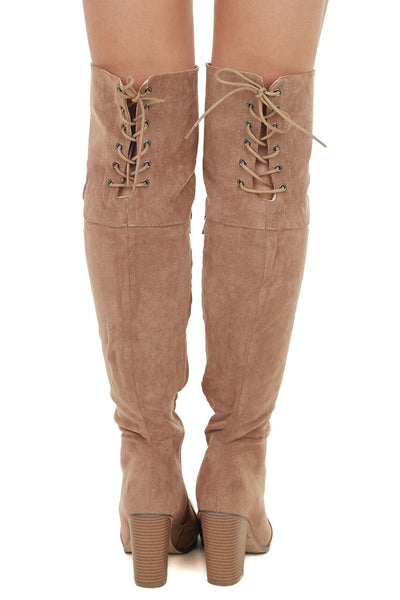 Taupe Over the Knee High Boots with Lace Up Back Detail