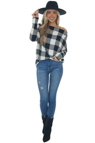 Black Buffalo Plaid Off Shoulder Knit Top 