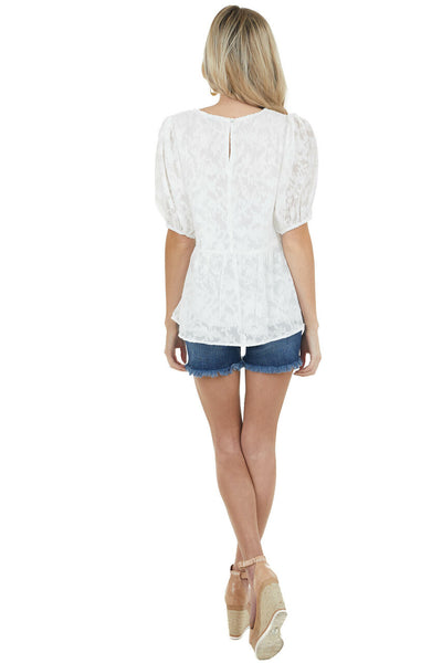 Off White Floral Lace Peplum Top with Short Puff Sleeves