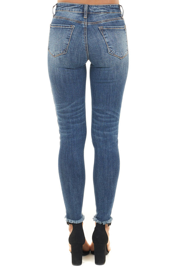 C'est Toi Dark Wash Skinny Jeans with Distressed Leopard Print & Lime Lush