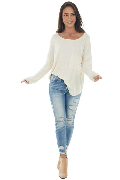 Champagne Textured Knit Top with Chest Pocket