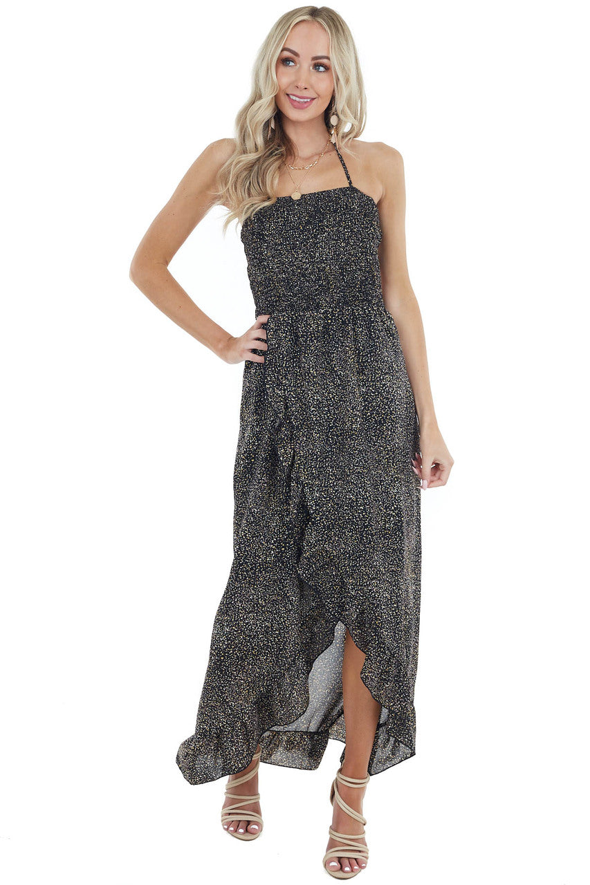 Black Abstract Print Open Back Dress with Ruffle Detail 