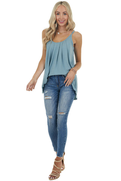 Dusty Teal Sleeveless Knit Top with Pleated Neckline