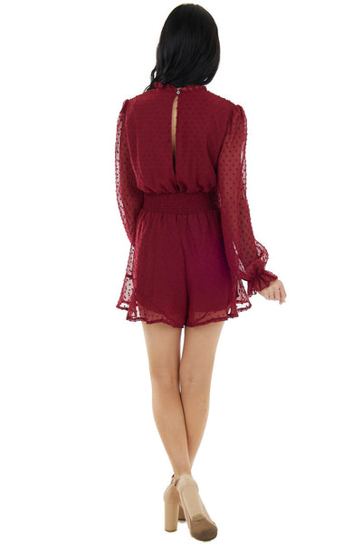 Burgundy Swiss Dot Long Puff Sleeve Romper