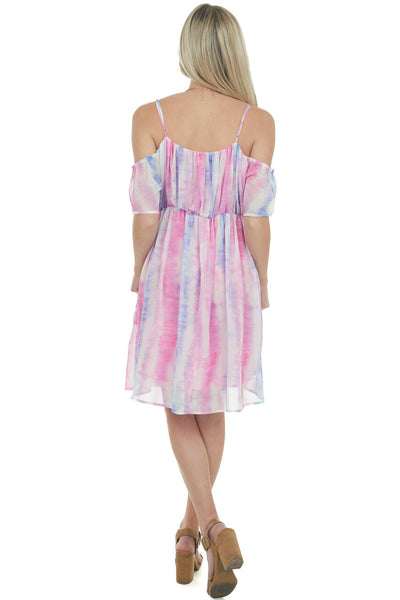 Thulian Pink Tie Dye Cold Shoulder Mini Dress