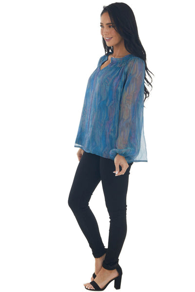 Ocean Pearlescent Sheer Long Sleeve Blouse 