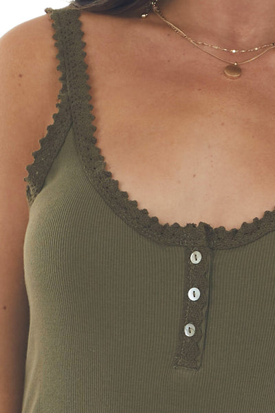 Olive Ribbed Knit Tank Top with Button and Lace Trim Details