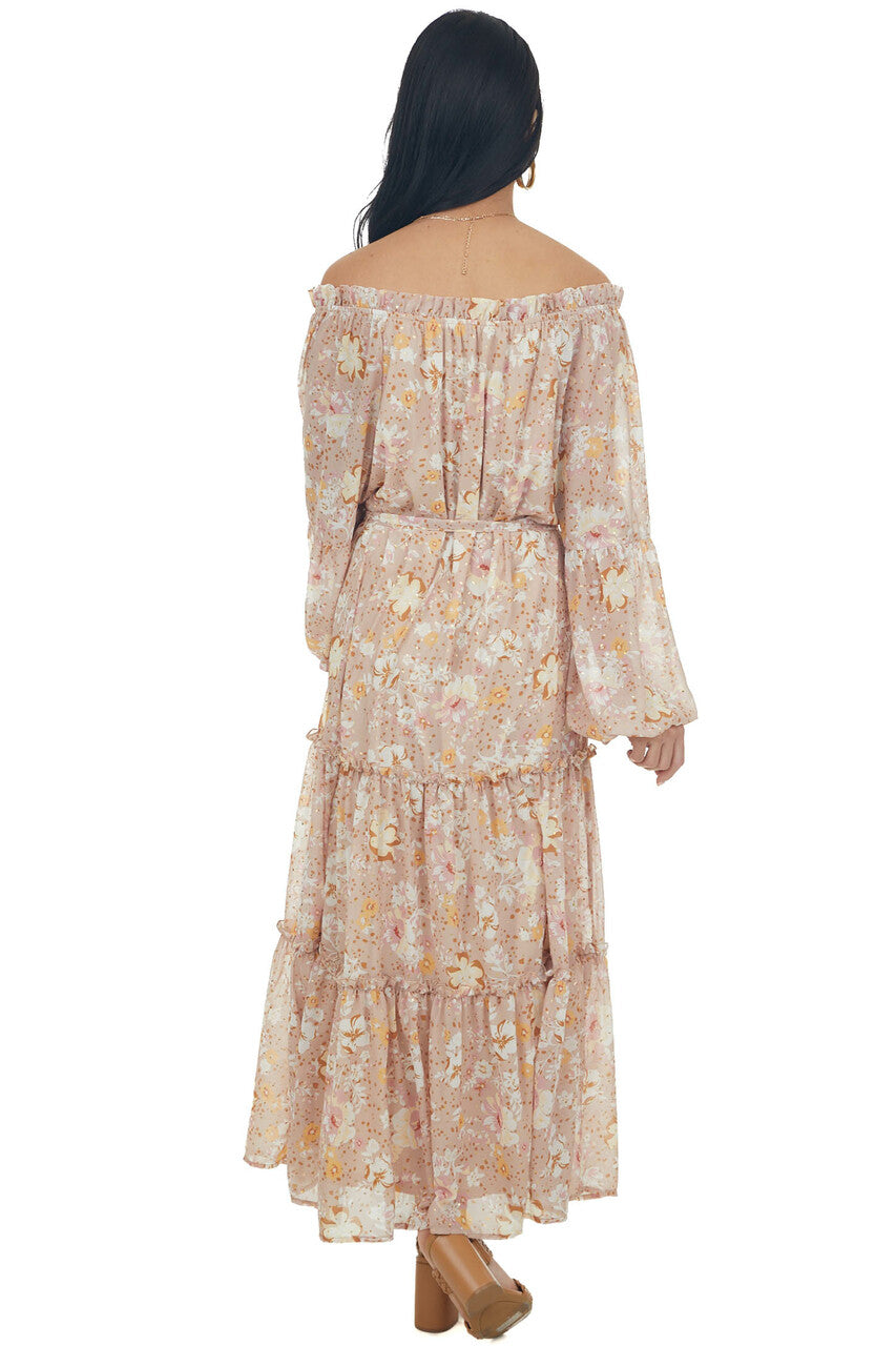 Nude Floral Print Gold Speck Tiered Maxi Dress