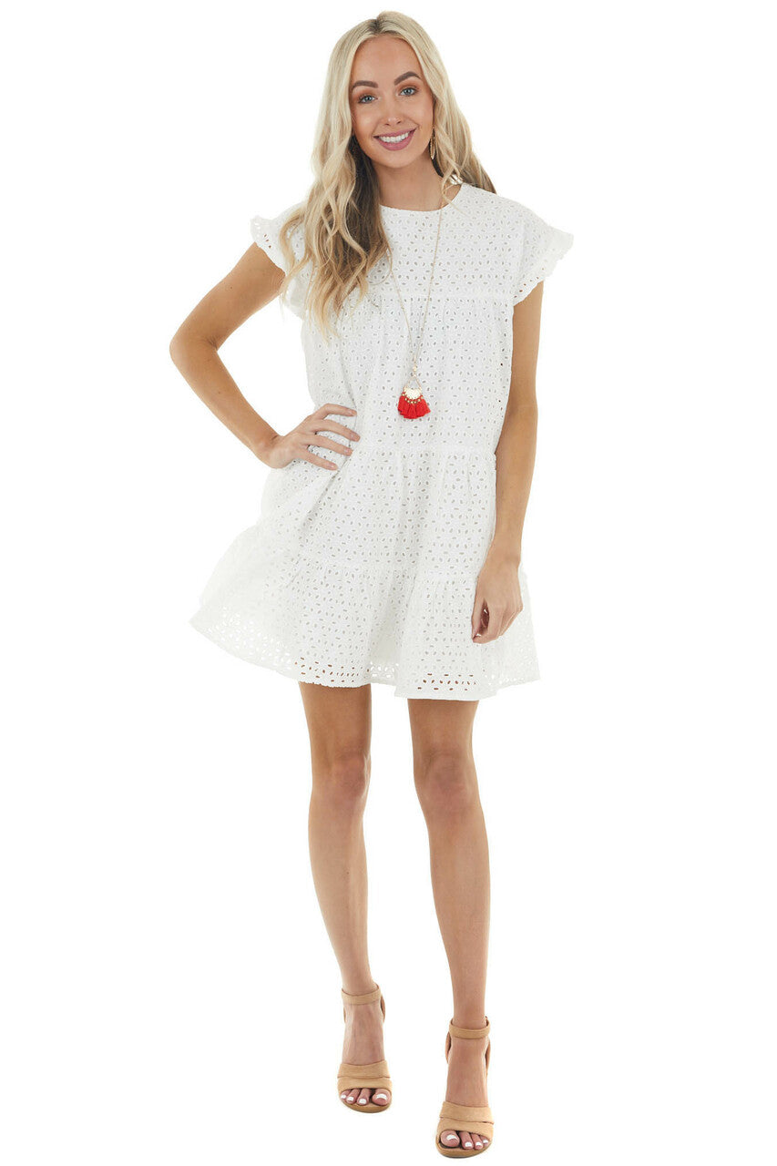 Off White Eyelet Woven Short Dress with Ruffle Sleeves
