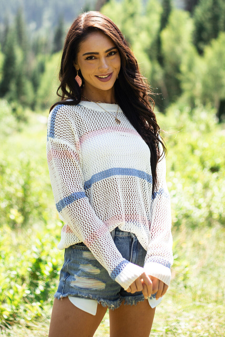 Ivory and Cornflower Striped Low Gauge Sweater