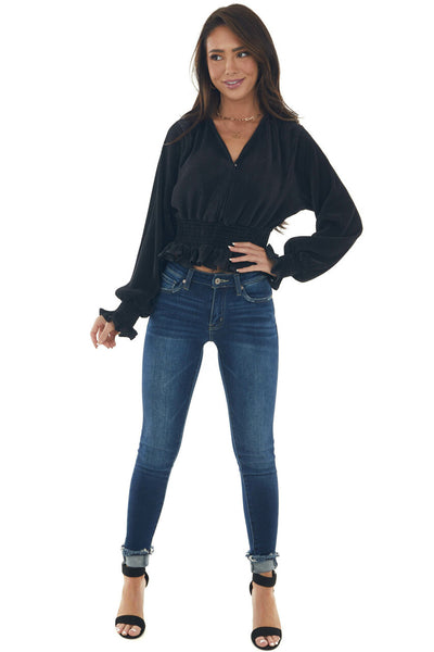 Black Pleated Surplice Smocked Waist Blouse 