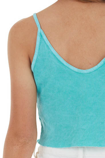 Rich Teal Mineral Wash Sleeveless Waffle Knit Crop Top