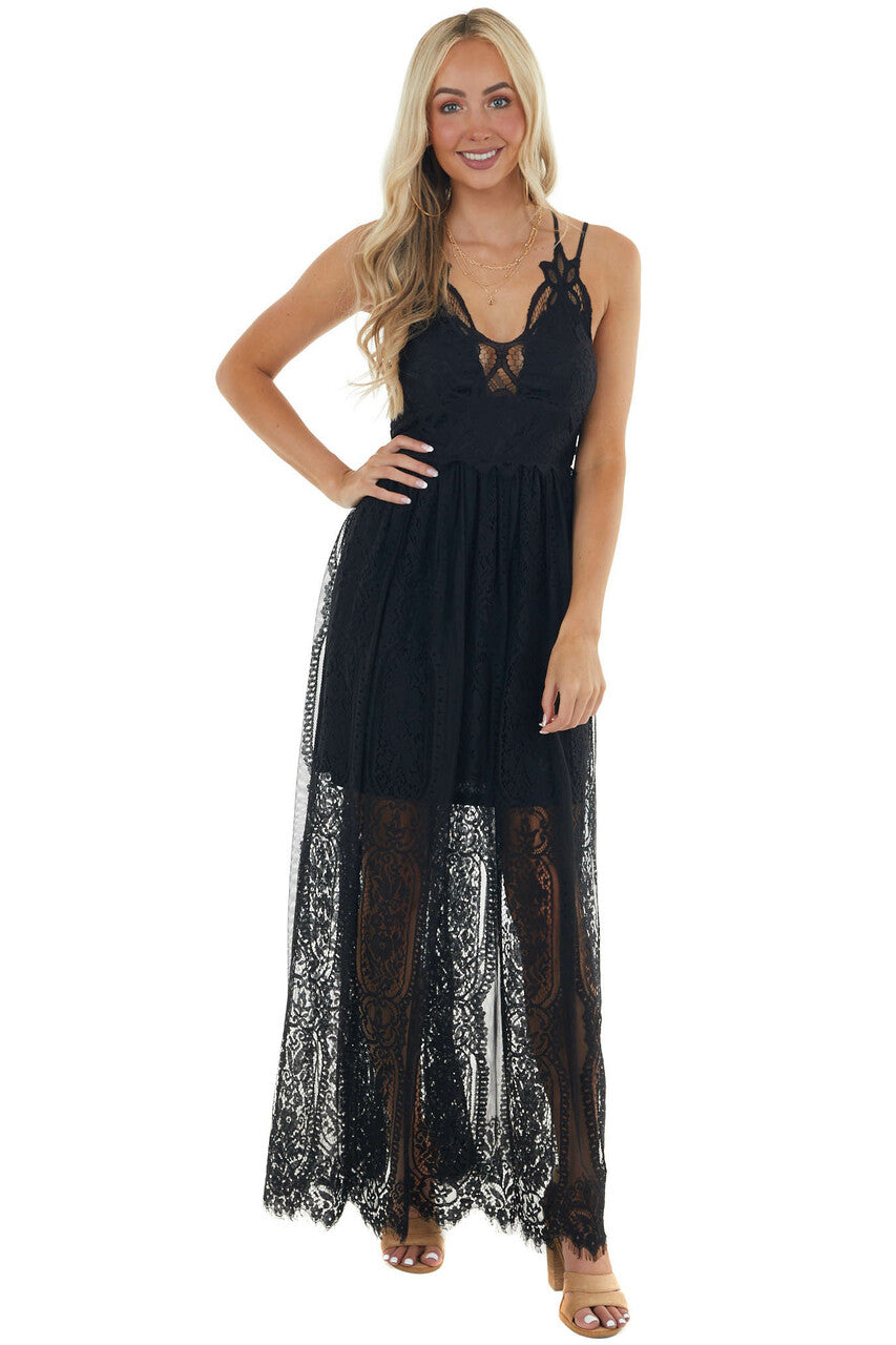 Black Lace Maxi Overlay Sleeveless Dress with Plunging Neck