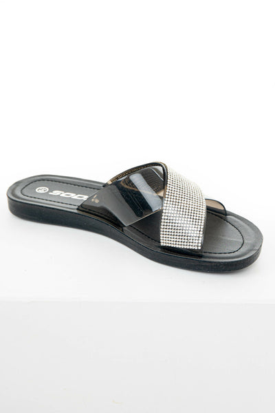 Black and Rhinestone Criss Cross Strap Sandals 