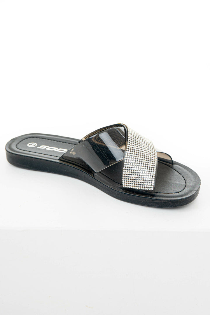 Black and Rhinestone Criss Cross Strap Sandals 