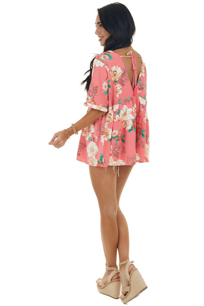 Watermelon Floral Print V Neck Babydoll Top