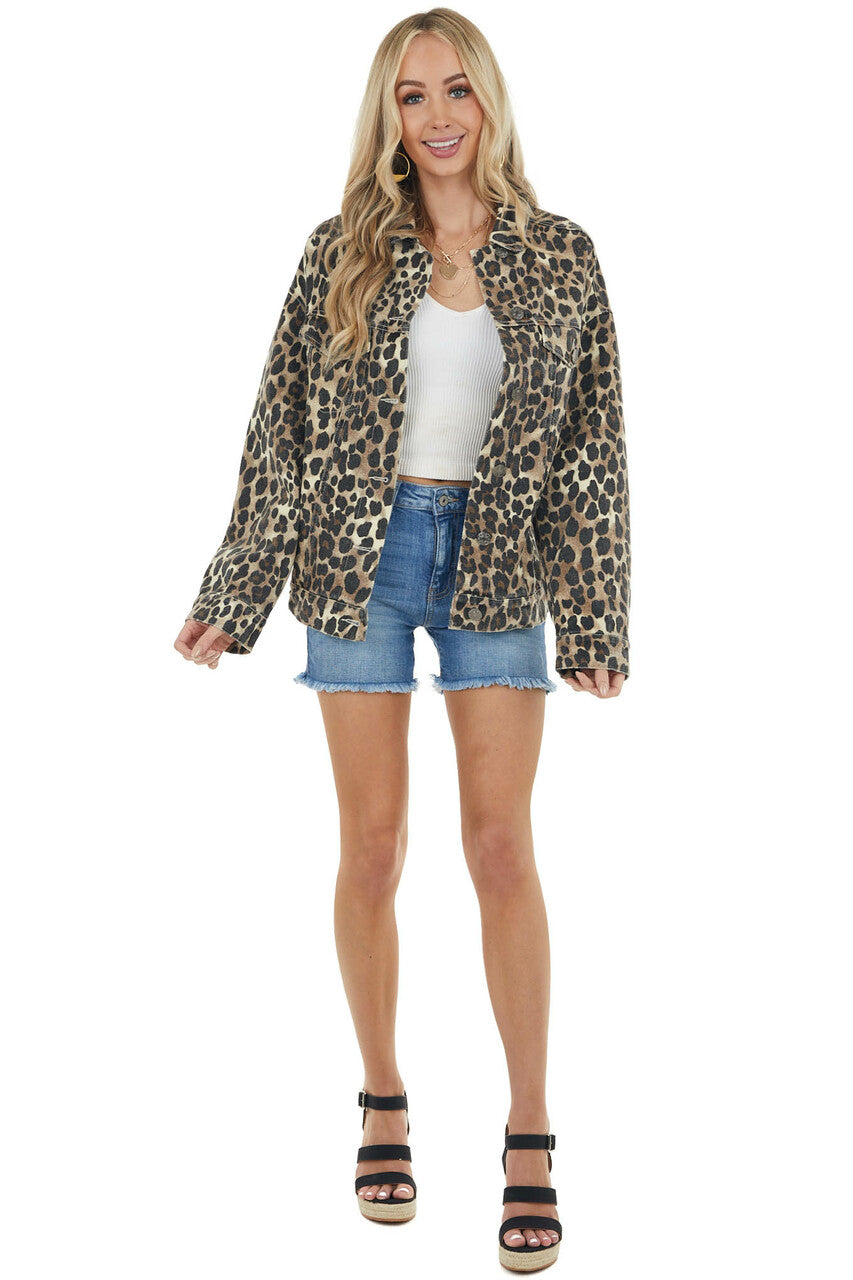 Walnut Leopard Print Button Up Jacket with Chest Pockets