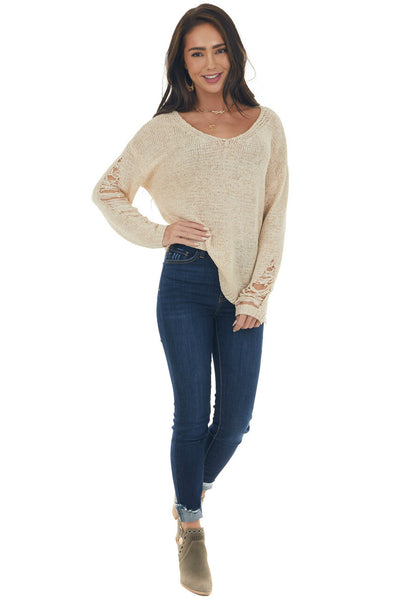 Sand Lightweight Heavily Distressed Sweater