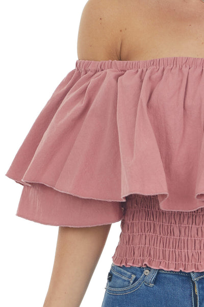 Thulian Pink Off Shoulder Overlay Smocked Top