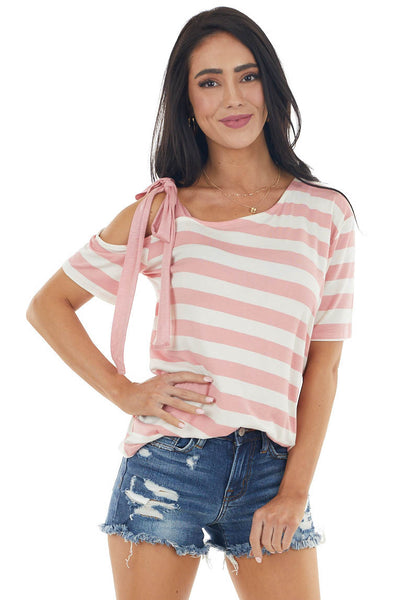 Punch and Ivory Striped Print Cold Shoulder Knit Top 