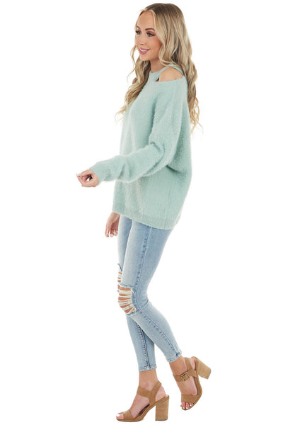 Mint Soft Fuzzy Knit Sweater with Cutout Detail